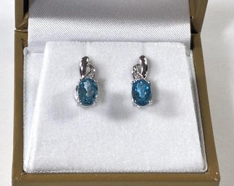 10K Solid White Gold Blue Topaz & Diamonds Drop Earrings, Oval Topaz 7X5mm 2 Carats T.W, 2 Diamonds, 14K Backs. Free US Shipping.