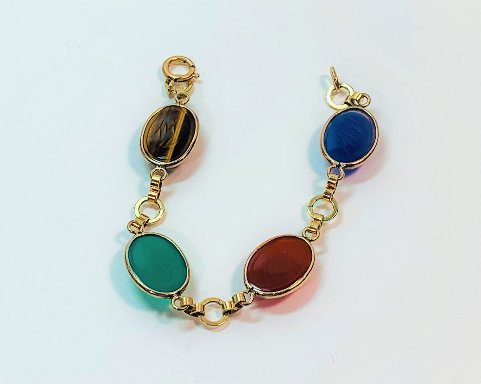Vintage Gold Filled Scarab Bracelet, 4 Large Carved Scarabs 21 X14mm