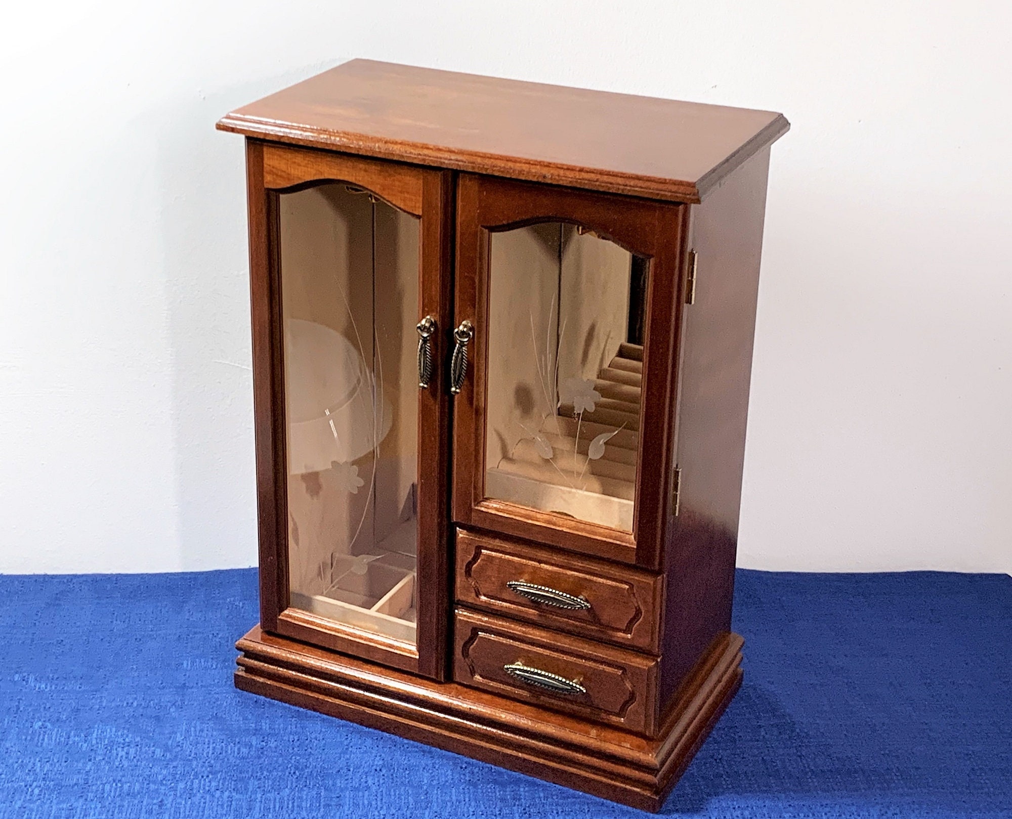 Vintage Large Solid Wood Jewelry Armoire Chest, 2 Doors W/ Etched Glass