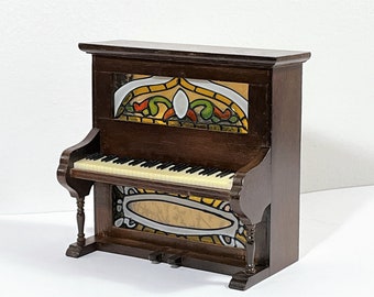 Vintage George Good™ Upright Piano Music Box, Carved Wood & Stained Glass, Tune: "The Entertainer", 5" T. 5" W. Restored, Free US Shipping