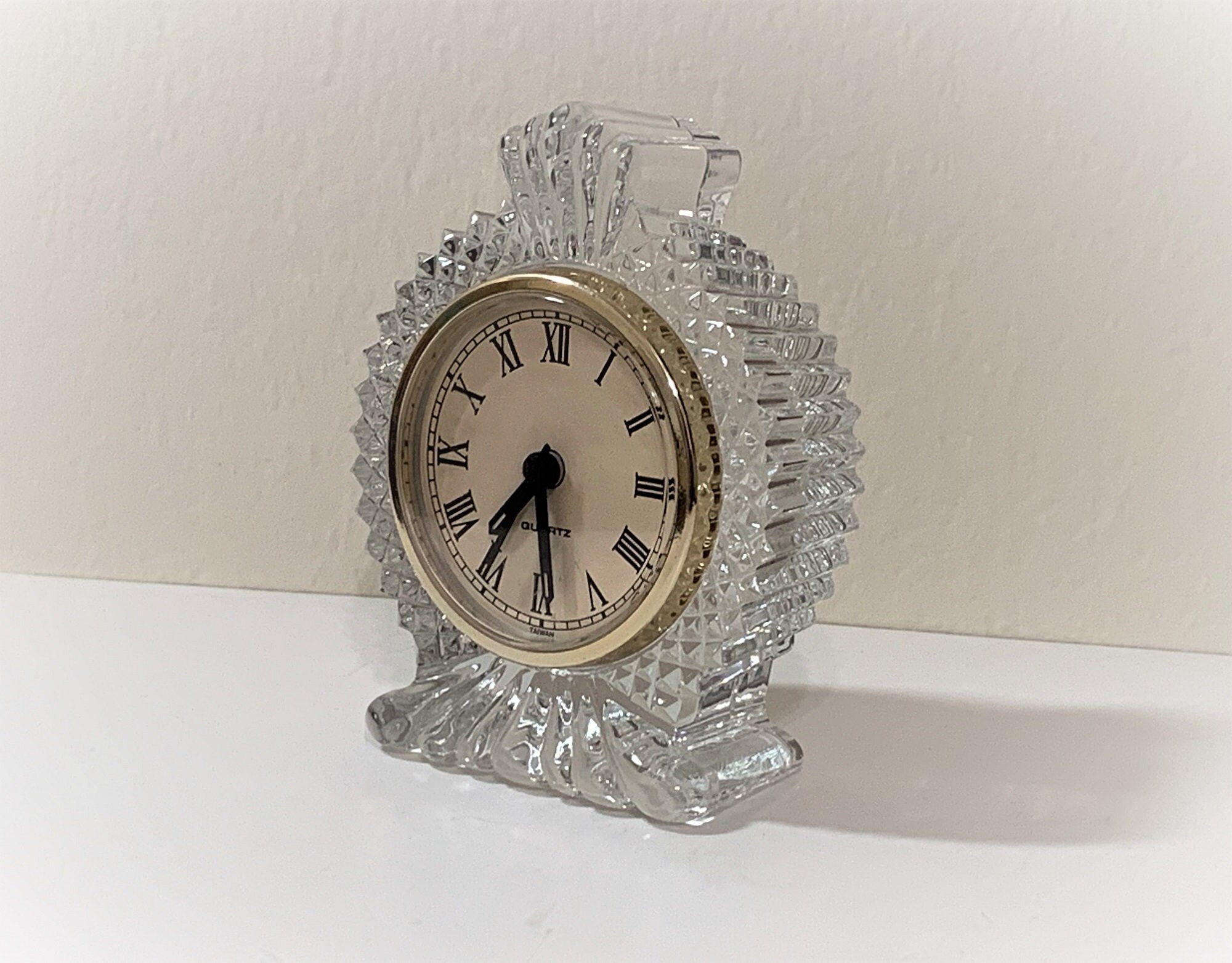Vintage 24 Lead Crystal Clock, Precision Quartz Movement, Hand Cut Fine Crystal, 4 Tall, 3 1/2