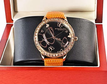 Stuhrling™ Original Swiss Quartz Krysterna Crystal Butterfly Dial, Rose Gold Tone, 35mm Case, Leather Band, Serviced, Free US Shipping.