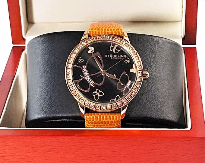 Stuhrling™ Original Swiss Quartz Krysterna Crystal Butterfly Dial, Rose Gold Tone, 35mm Case, Leather Band, Serviced, Free US Shipping.