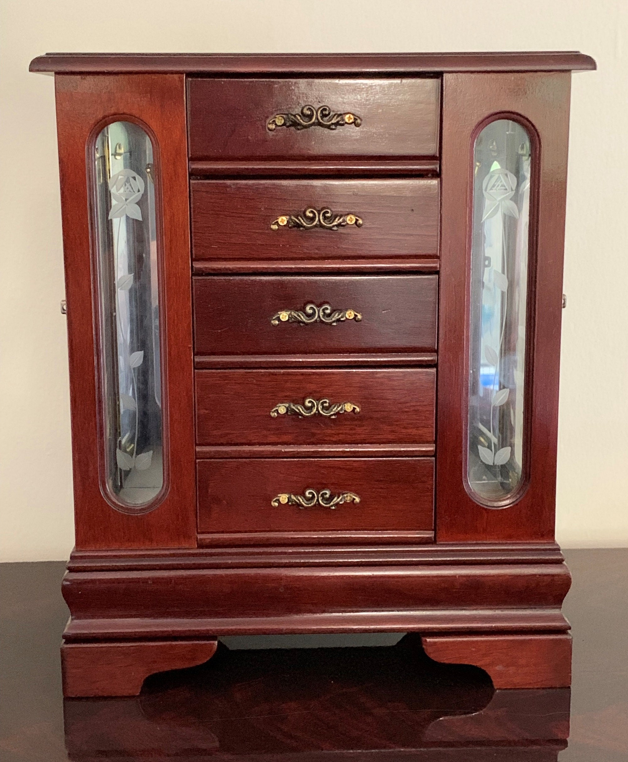 Vintage Jewelry Armoire Box Organizer, Solid Wood Colonial