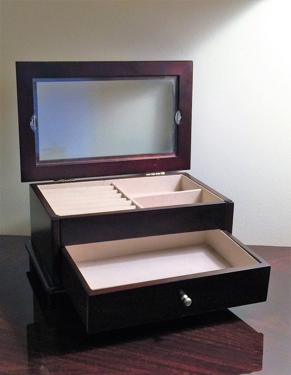Vintage Solid Wood Jewelry Box,Hand Crafted,Glass Top, Padded