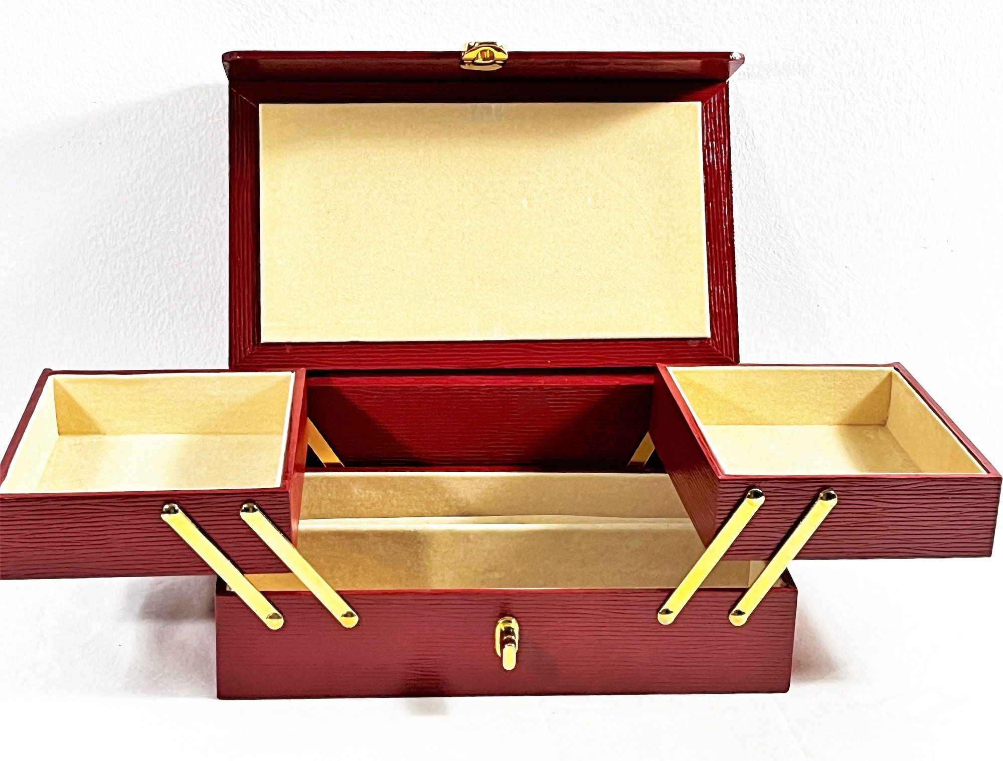 Cased Wood Red Leatherette Travel Jewelry Box, Hinged Slide Up Trays, Rings  & Earrings Section, Lock, 8 W. 5 L. 3 T. Free US Shipping