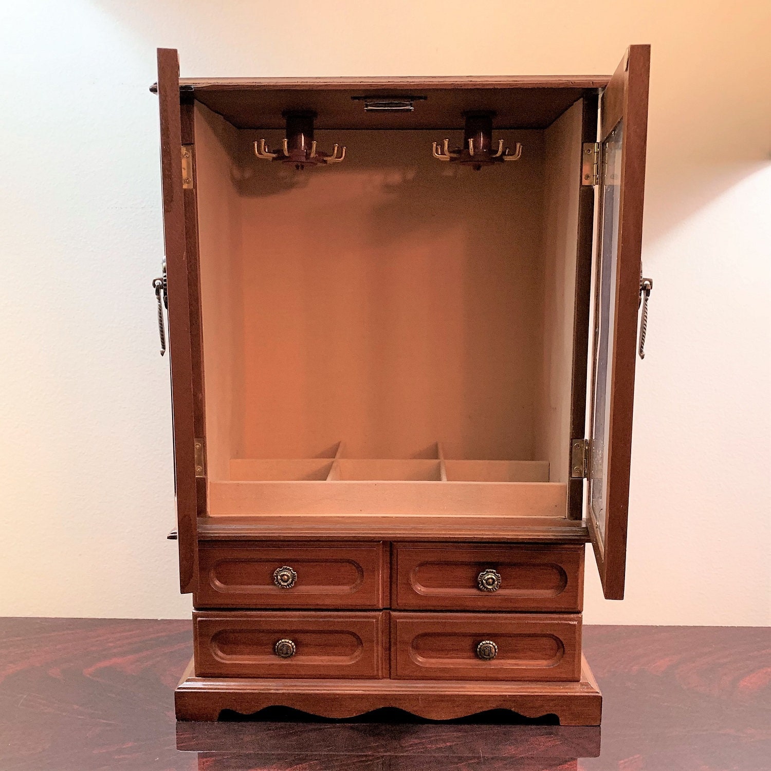 Vintage Hand Made Wood Armoire Jewelry Cabinet Box Storage Chest Stand