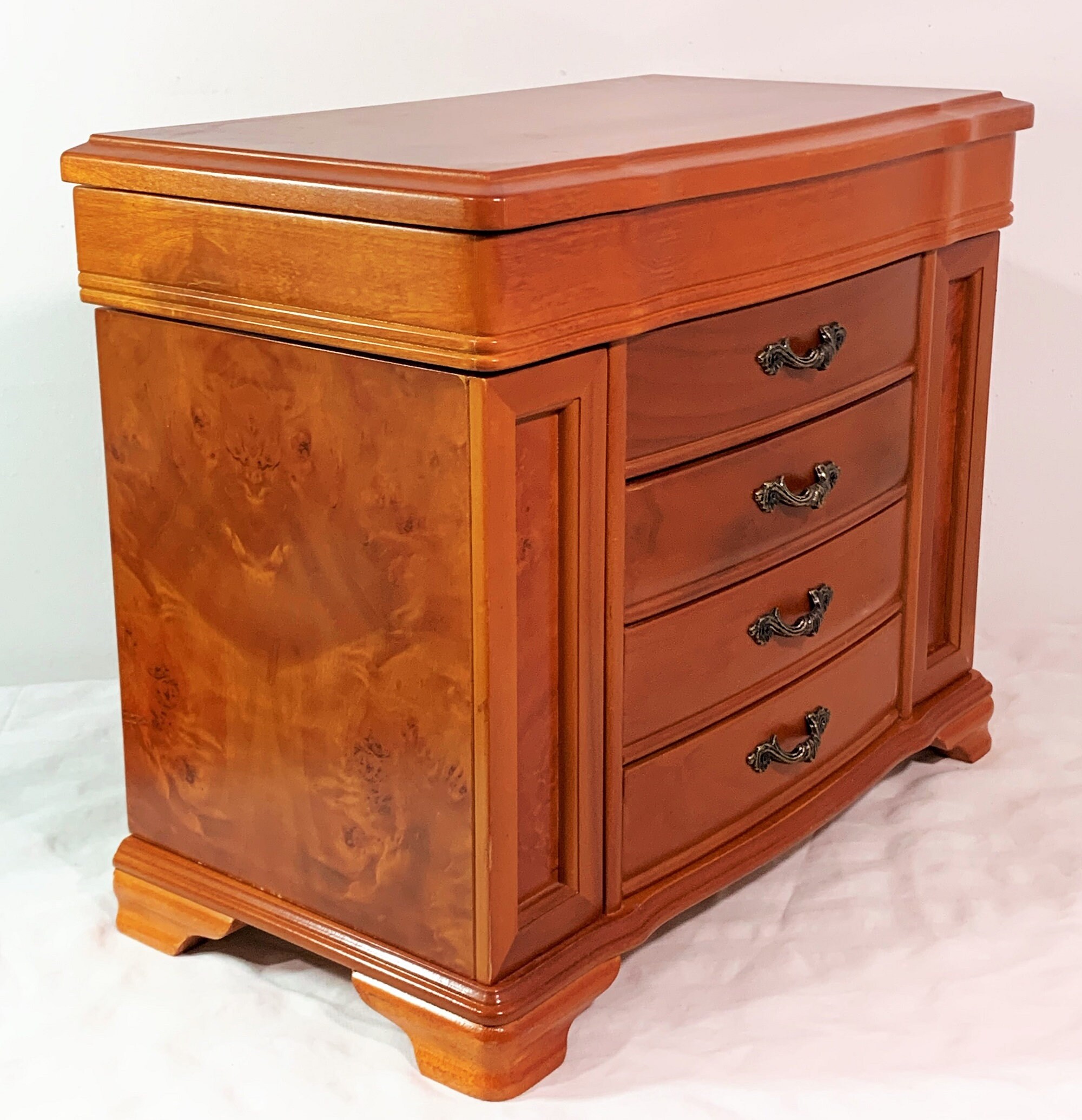 Vintage Super Large Burl Wood Jewelry Armoire, Hinged Lid W/Large