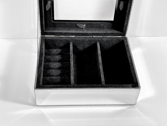 Vintage Mirrored & Jeweled Jewelry Box, Black Lin… - image 7