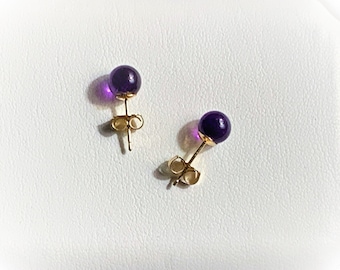14K Solid Yellow Gold Amethyst Beads Stud Earrings: 6mm Round Beads, Free US Shipping,