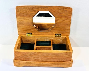 Vintage Carved Solid Oak Jewelry Box, 9.5" W. 6" L. Hexagon Mirror, Rings Section. 3 Compartments. Restored. Free US Shipping.