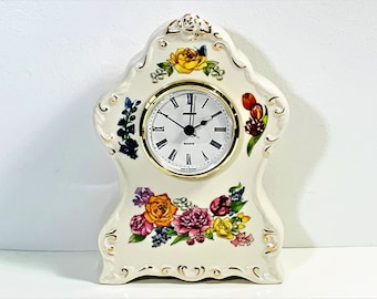 Vintage Staiger™ Germany Porcelain Clock, Handcrafted & Painted, Colorful Roses, Gold Accents, 7.5" T. 5" W. Works Perfect. Free US Shipping