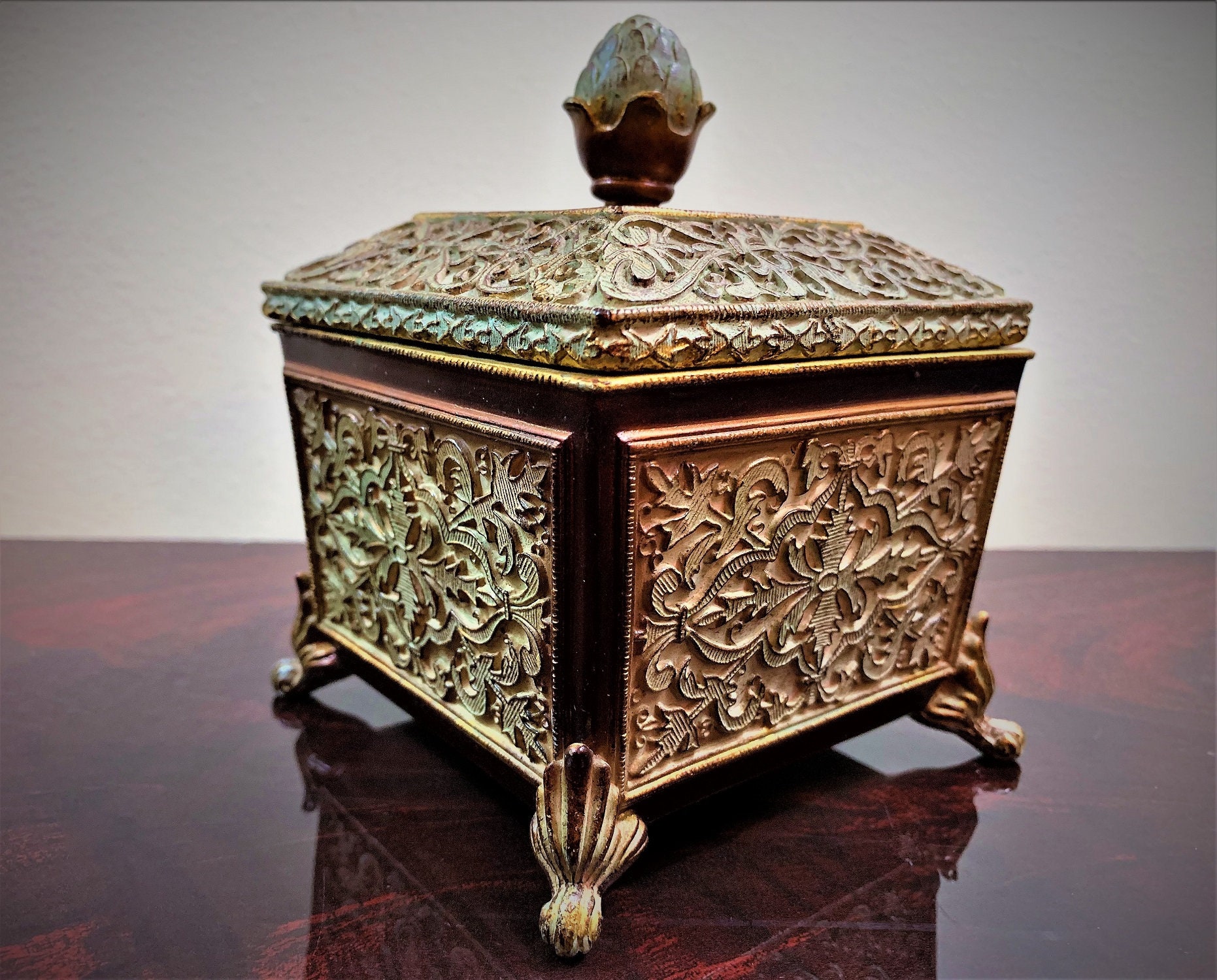 Vintage Trinket Jewelry Box, Nicely Crafted, Accented with Gold Leaf, 4 1/2 H, 4 W.