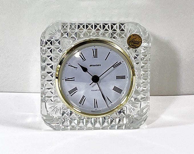 VTG Staiger® Germany Cristal D'Arque France Crystal Clock, Diamond Facets, Cushion Shape 4” Sq, 3” Dial, Serviced & Works. Free US Shipping