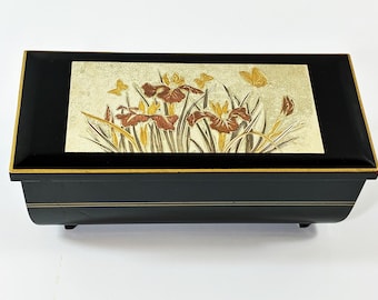 Vintage Sankyo Japan Music Jewelry Box "Memory", Art Of Chokin Gilded Metal Plate 'Butterflies', Red Velvet, Mirror. 7" W. Free Shipping