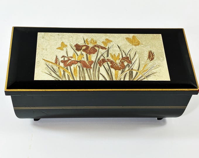 Vintage Sankyo Japan Music Jewelry Box "Memory", Art Of Chokin Gilded Metal Plate 'Butterflies', Red Velvet, Mirror. 7" W. Free Shipping