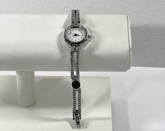 Vintage Sterling Silver Marcasite & Black Onyx Women Watch, 28.5 Grams. Octagon Case 24x18mm. 7" L. Serviced. Free US Shipping.