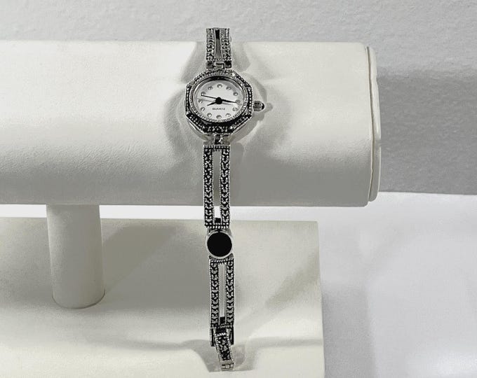 Vintage Sterling Silver Marcasite & Black Onyx Women Watch, 28.5 Grams. Octagon Case 24x18mm. 7" L. Serviced. Free US Shipping.