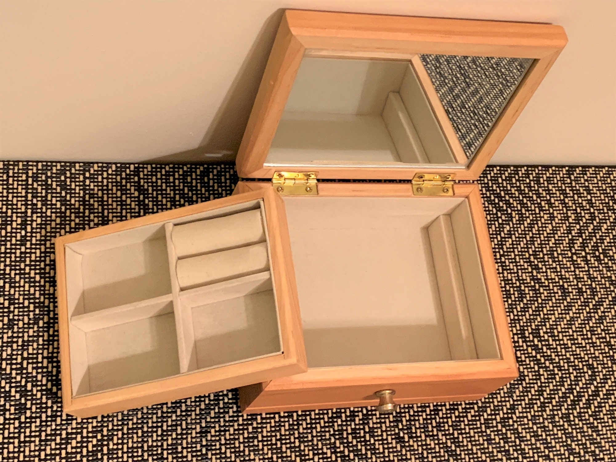 Solid Wood Travel Jewelry BoxCase, Hand Made, Natural Wood Finish