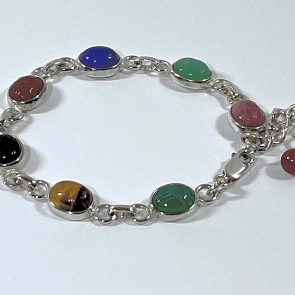 VTG Sterling Silver Egyptian Scarab Bracelet. 7 Carved Gemstones Scarabs 11X9mm, 14.5 Grams, 7 - 8.5" L. Lobster Clasp, Free US Shipping.