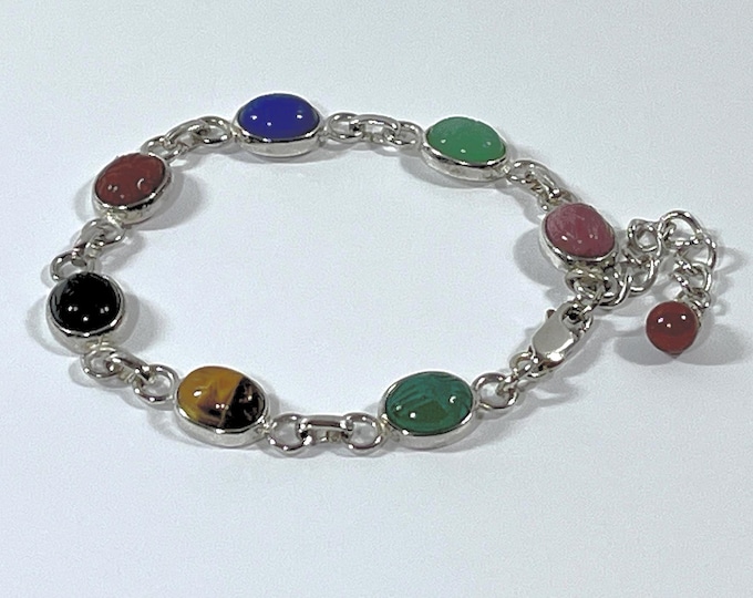 VTG Sterling Silver Egyptian Scarab Bracelet. 7 Carved Gemstones Scarabs 11X9mm, 14.5 Grams, 7 - 8.5" L. Lobster Clasp, Free US Shipping.