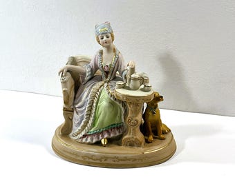 Vintage Okada China™ Japan Victorian Figurine. "Tea Time", Lady & Her Dog. Signed. 6" T. 5.5" W. Free US Shipping.