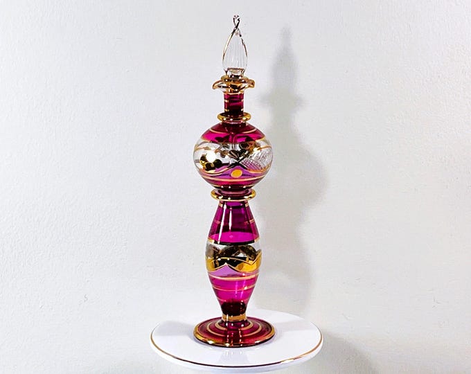 Vintage Egyptian Hand Blown Glass Perfume Bottle, Etched Pattern Accented with Purple Shades & Gold Leaf, Stands 20cm - 8", Free US Shipping