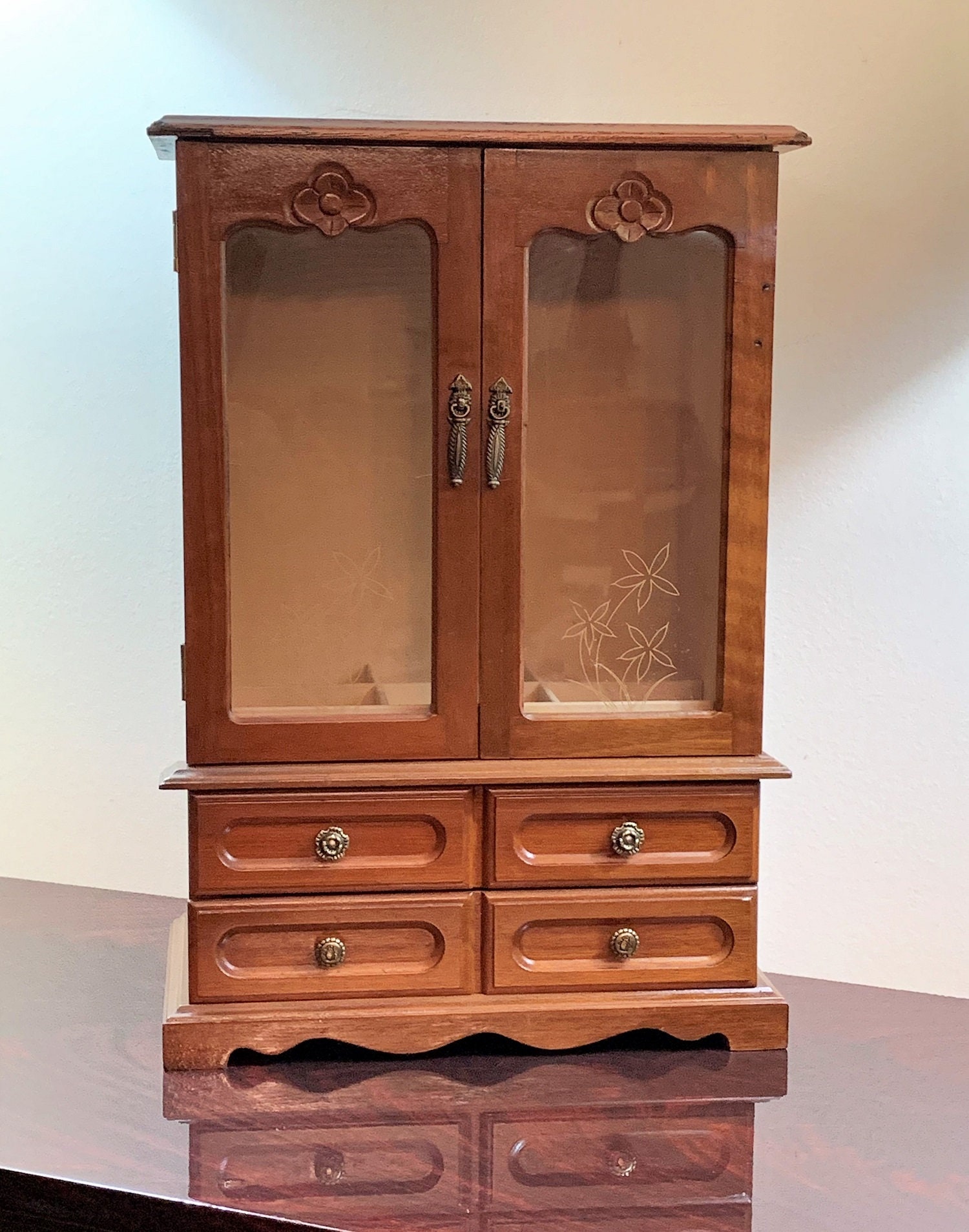 Vintage Hand Made Wood Armoire Jewelry Cabinet Box Storage Chest Stand