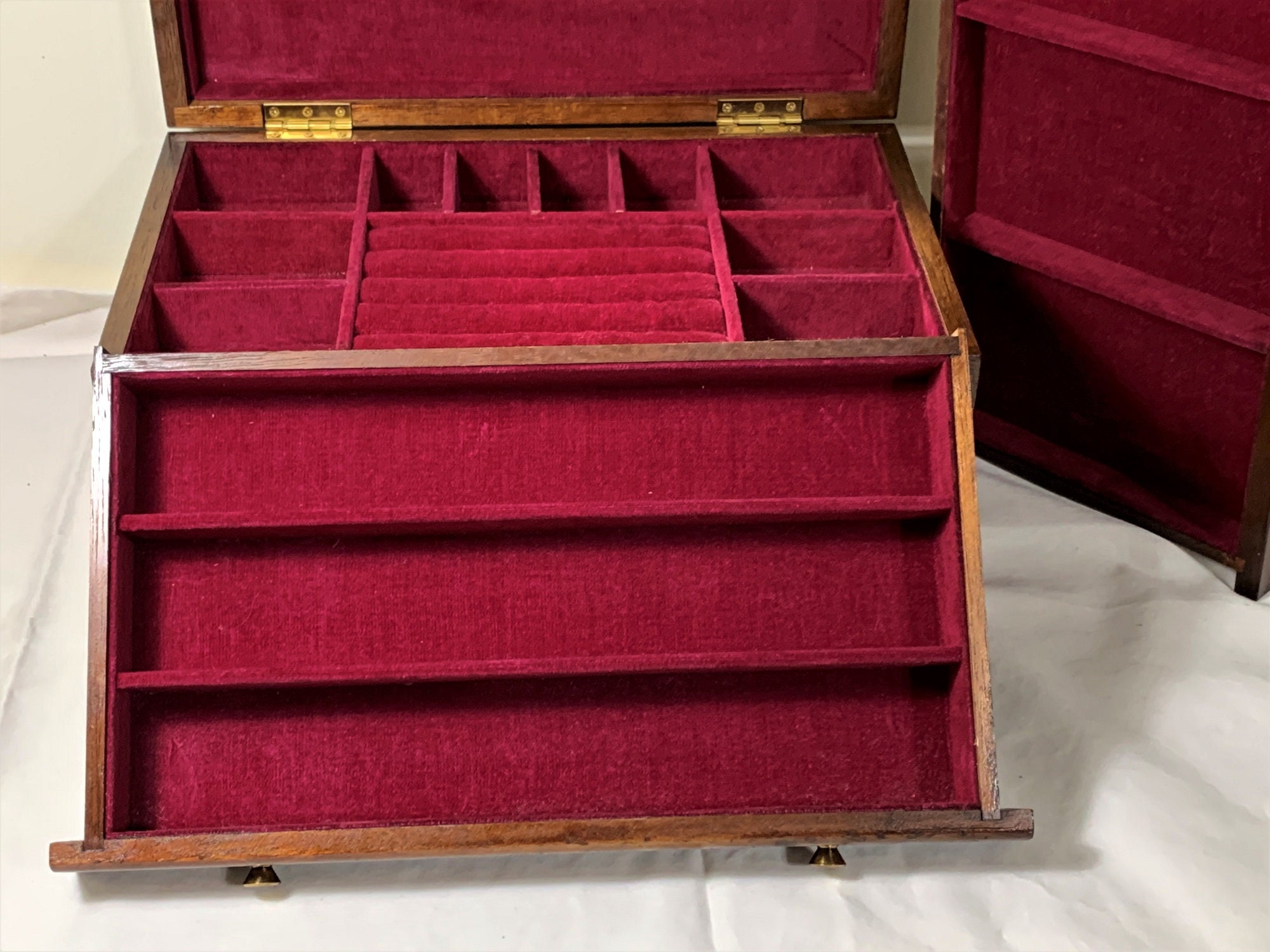 Vintage Varnished Wood Large Jewelry Box, Hinged Lid with Mirror, Padded Sections and 2 Large