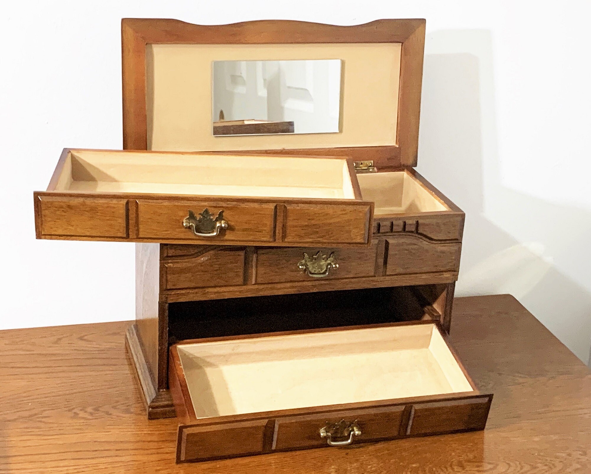 Vintage Solid Wood Jewelry Chest, Hinged Lid W/Mirror and
