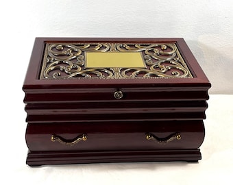 Vintage The Bombay Co.™ Exotic Large Wood Jewelry Box, Metal Pattern on Top, Mirror, Hangers, Large Drawer, 12" W. 8.5" L. Free US Shipping.
