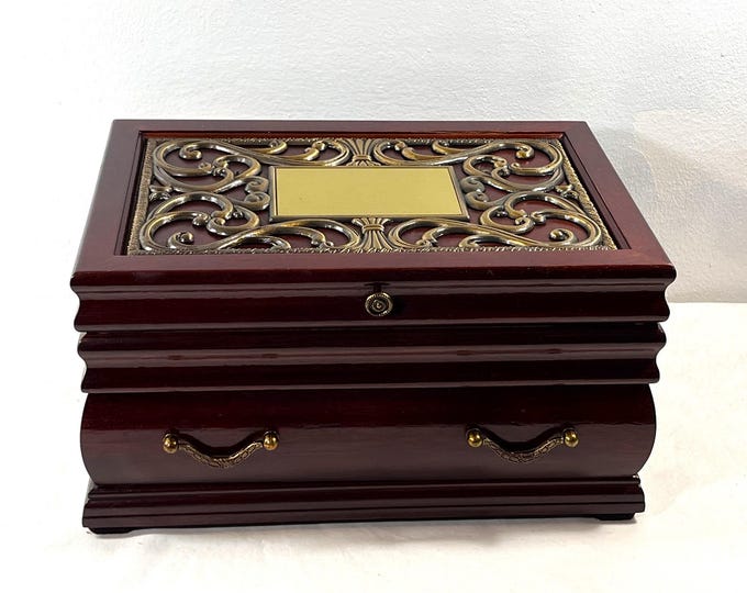 Vintage The Bombay Co.™ Exotic Large Wood Jewelry Box, Metal Pattern on Top, Mirror, Hangers, Large Drawer, 12" W. 8.5" L. Free US Shipping.
