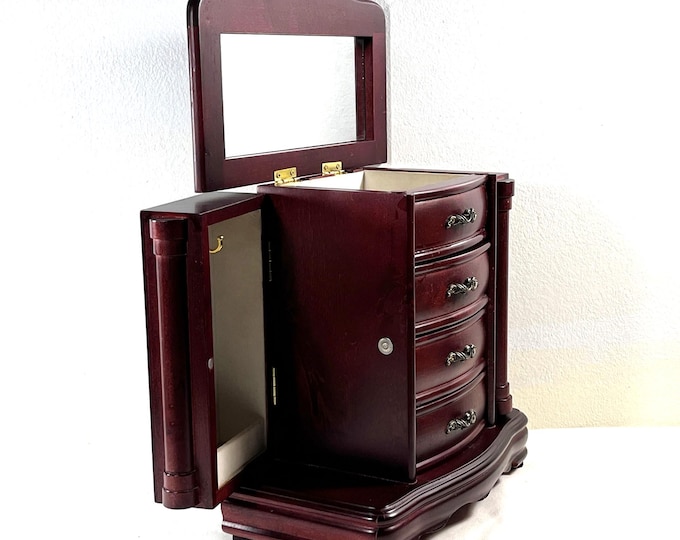 Vintage Carved Wood Jewelry Armoire, Hinged Lid, LG Mirror, Side Doors W/Hangers, 3 Drawers. 10" T. 10" W.  Restored, Free US Shipping