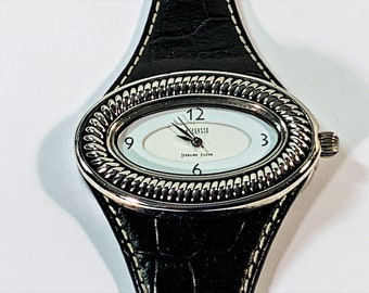 Ecclissi® Sterling Silver Cable Style Bezel Women Watch 22940, Limited Edition, Black Leather Band, 43X29mm Case, Serviced, Free US Shipping