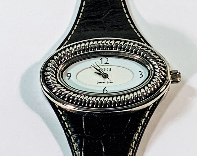 Ecclissi® Sterling Silver Cable Style Bezel Women Watch 22940, Limited Edition, Black Leather Band, 43X29mm Case, Serviced, Free US Shipping