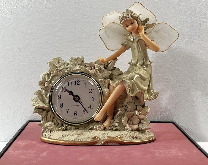 Vintage Fairy Mantel Clock, Beautifully Sculptured Hard Resin, Gold Accents, Precision Quartz, Serviced. 7" T. 6.5" W. Free US Shipping.