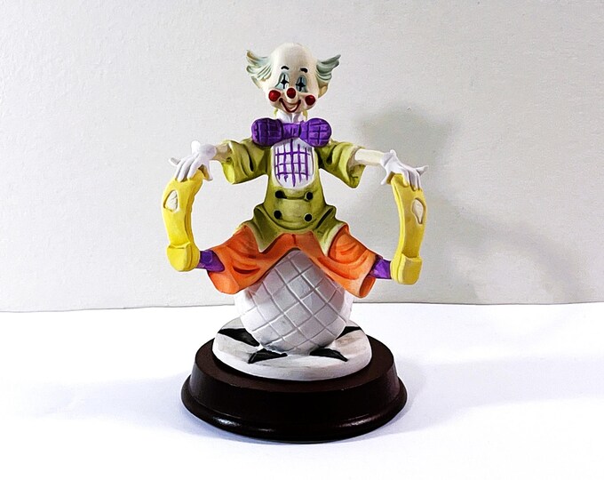Vintage Pucci™ Collectible Clown on a Bouncy Ball Sculpture, By "Arnart" Handcrafted & Painted, Wood Base, 6.5" T. 4.5" W. Free US Shipping