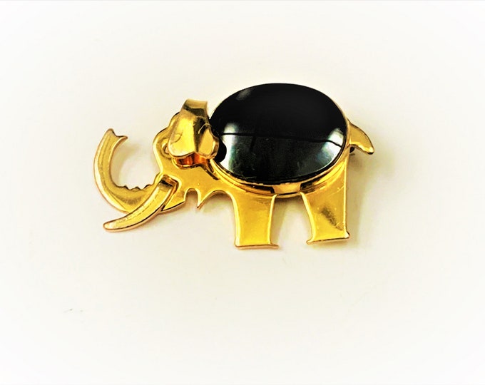 Vintage 1950's 1/20 12K Gold Filled Black Onyx Lucky Elephant Brooch, 14X12mm Oval Onyx, Signed WRF, 1.75" W.  .75" L. Free US Shipping.