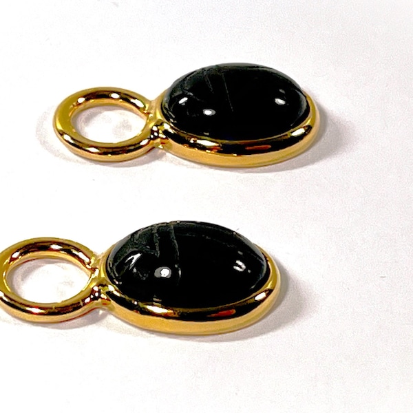 Natural Black Onyx Scarabs Earring Charms, 14X10mm Gemstones, Bezel Set, 18K Gold Clad. 1" Long, Large 10mm Loop. Mint. Free US Shipping.