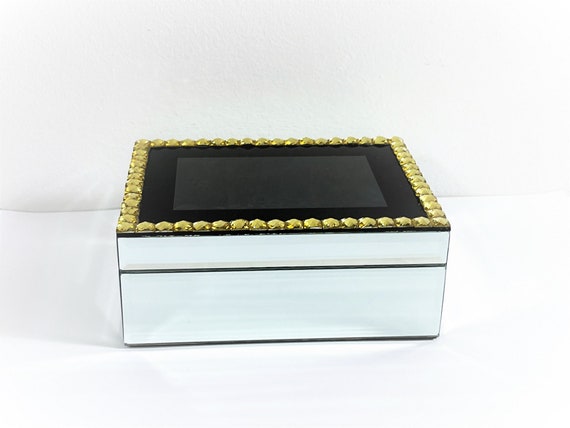 Vintage Mirrored & Jeweled Jewelry Box, Black Lin… - image 1