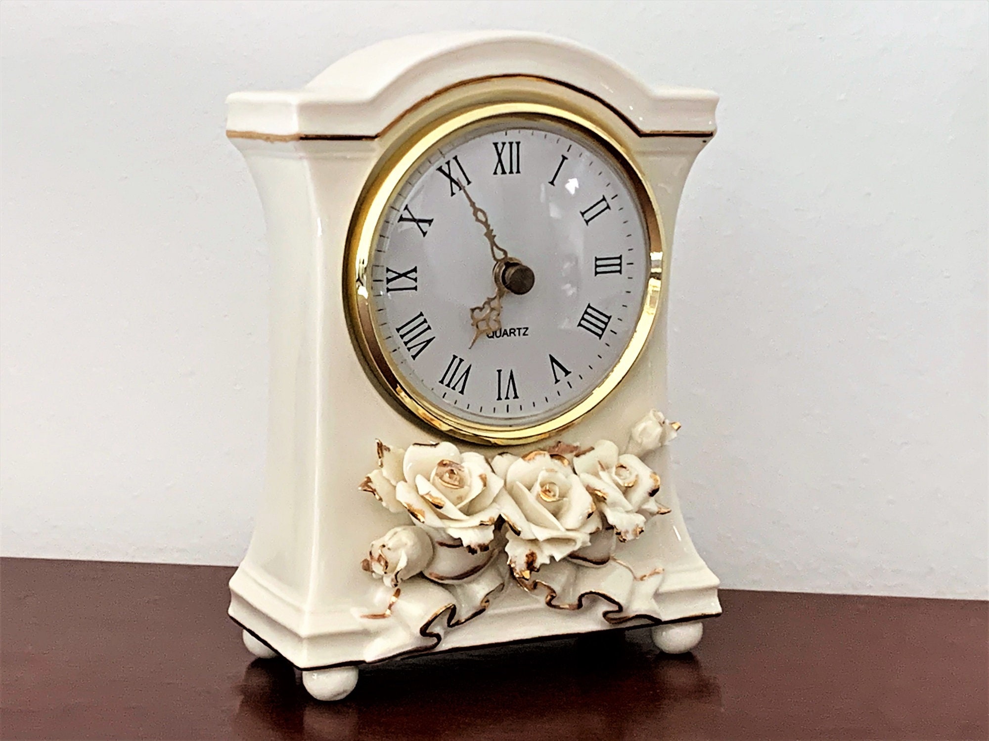 Avon Floral Porcelain Clock, 3D Roses, Cream and Gold, Large Dial W