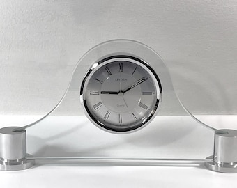 Vintage Linden® Tempered Glass & Chrome Elegant Quartz Alarm Clock, Serviced, Works Perfect. 3.5" Dial, 11.5" W. 5.5" T. Free US Shipping.