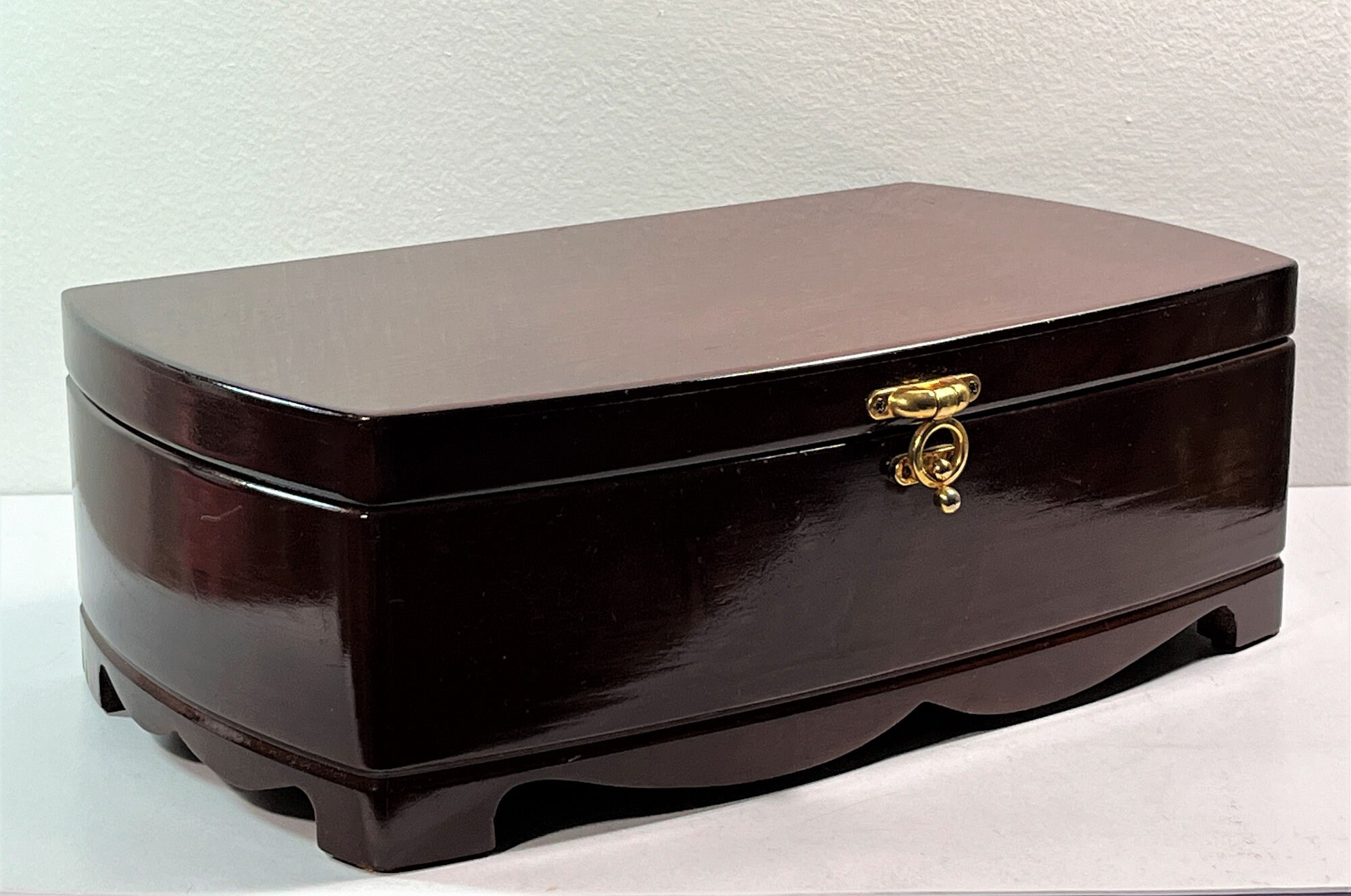 Vintage Large Mahogany Wood Jewelry Box, Piano Finish, Brass Hook Lock