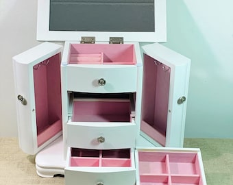 Vintage Wood Jewelry Armoire Chest, Side Doors W/ Padded Walls & Hangers, 3 Drawers, Mirror, 10" Tall, 10" Wide, White. Free US Shipping