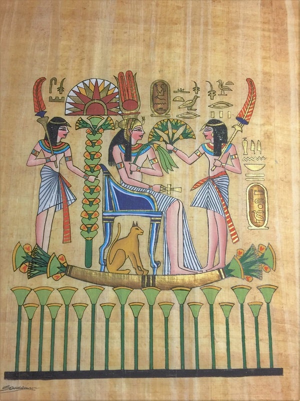 Vintage Hand Painted Egyptian Papyrus, Queen Nefertari's
