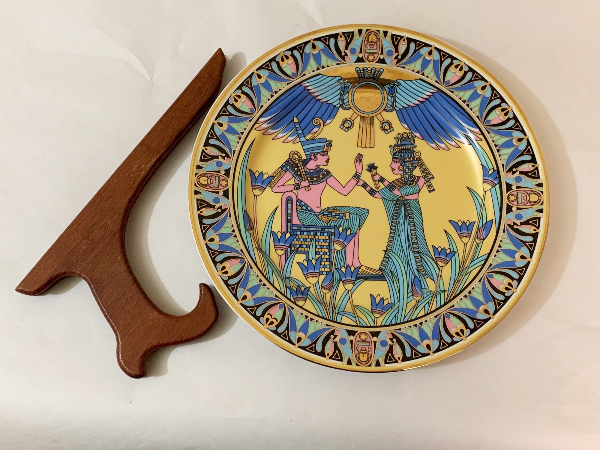 Vintage Egyptian Fine Porcelain Plate with Wood Stand, King Tut's