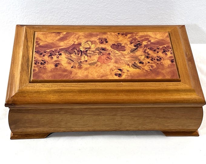 Mele™ Musical Jewelry Box "The Magic Flute". Golden Oak & Burl Wood, Flowers Scenery, Mirror, Rings Section, 10" W. 7" L. Free US Shipping.