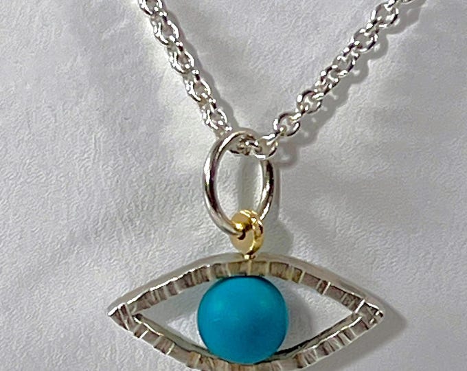 Antique Sterling Silver & 6mm Egyptian Blue Turquoise Bead Eye Necklace. 14K Gold Wire, 19mm Wide, 18.5" Rolo Link Chain. Free US Shipping