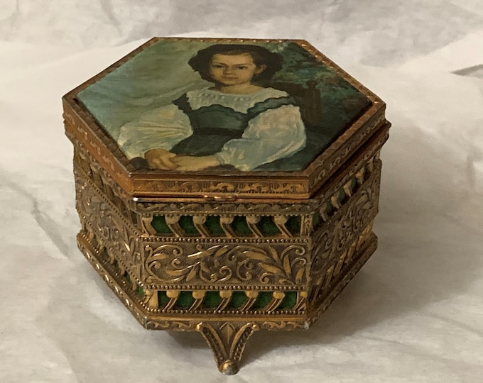 Antique Collectible Mademoiselle Romaine Lacaux Trinket Box, Filigree and Etched Craft, Gold Plated Brass, Silk Top, 3.25"- 8cm, France