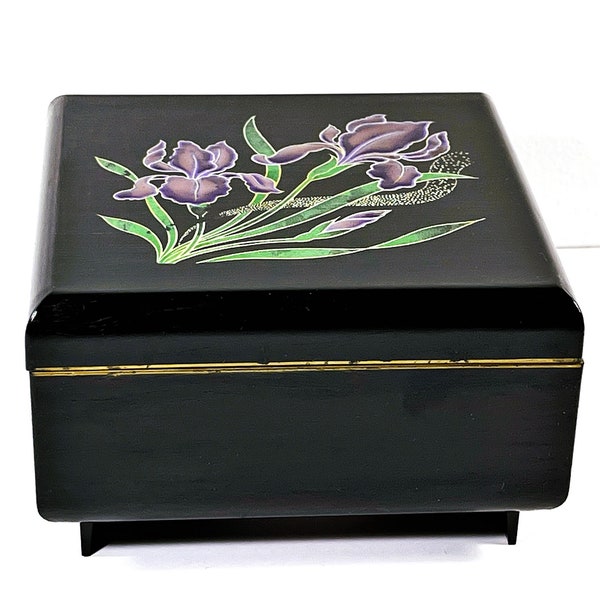 Vintage Sankyo Japan Music Jewelry Box, Tune "Lara's Theme", Painted Violets On Top, Violet Lining. Mirror, 5" Sq. 3" H. Free US Shipping